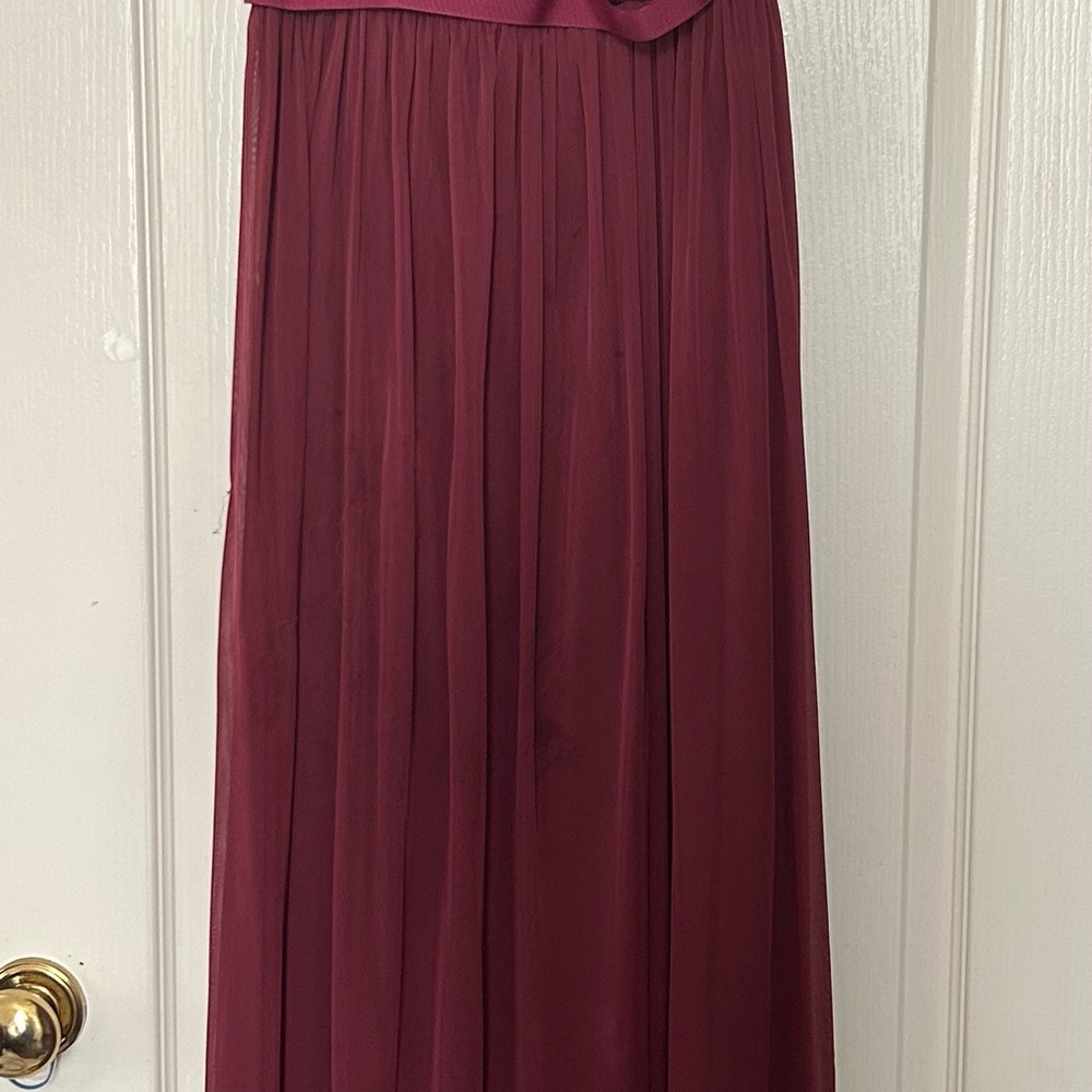 David's Bridal Burgandy Maxi A-Line Dress Asymmetrical Sleeve